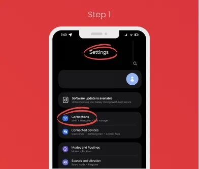 Android eSIM Setup – Step 1: Settings and Connections Step 1 of Android eSIM activation: Tap "Settings" and then "Connections" to start setup.