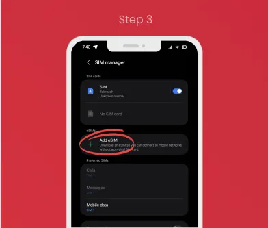 Android eSIM Setup – Step 3: Add eSIM Profile Step 3 of Android eSIM activation: Tap “Add eSIM” to begin installation of your eSIM profile.