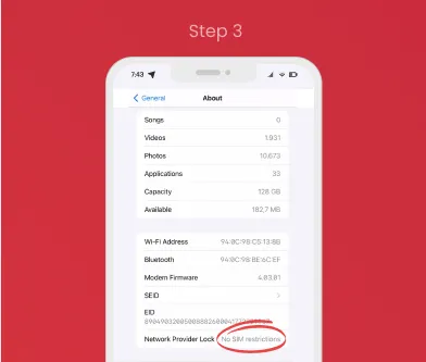 iPhone eSIM Check – Step 3: Compatibility Step 3 of iPhone eSIM compatibility check: Look for “No SIM restrictions” under Network Provider Lock.
