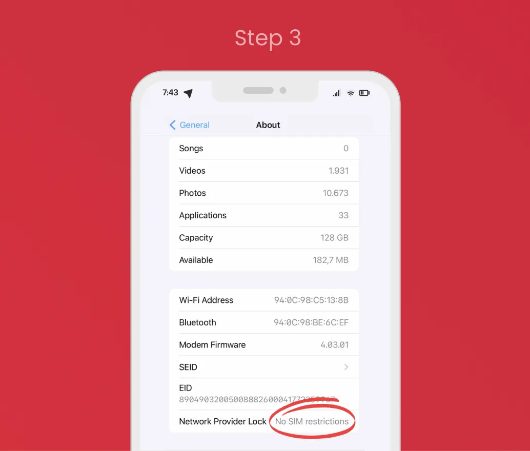 iPhone eSIM Check – Step 3: Compatibility Step 3 of iPhone eSIM compatibility check: Look for “No SIM restrictions” under Network Provider Lock.
