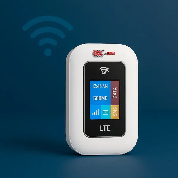 GigaX eSIM portable 4G LTE Wi-Fi router with data display and global coverage